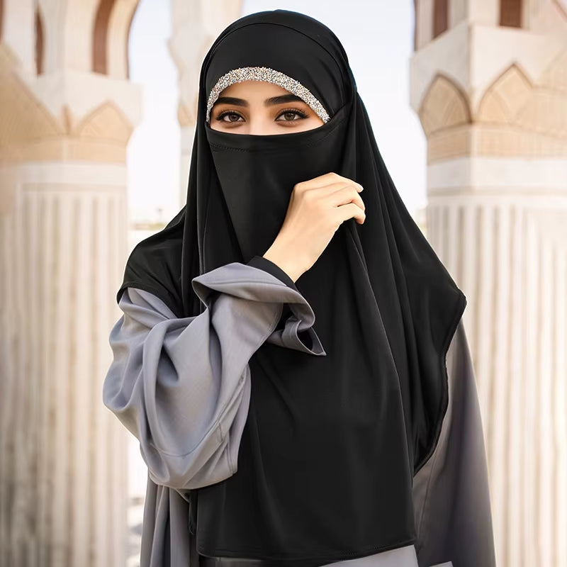 Elegant Rhinestone Instant Hijab Scarf for Women - Full Coverage Neck Turban and Hemp Face Veil with Strap Headwrap in Malaysia