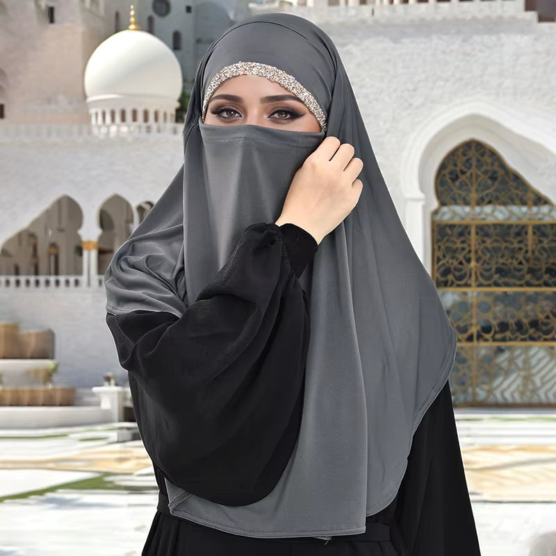 Elegant Rhinestone Instant Hijab Scarf for Women - Full Coverage Neck Turban and Hemp Face Veil with Strap Headwrap in Malaysia